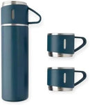 Kit Garrafa Térmica 500ml com 3 Xícaras em Aço Inoxidável – Conserva Bebidas Quentes e Frias, Portátil, Ideal para Viagens, Escritório (Azul)