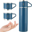 Kit Garrafa Térmica 500ml com 3 Xícaras em Aço Inoxidável – Conserva Bebidas Quentes e Frias, Portátil, Ideal para Viagens, Escritório (Azul)