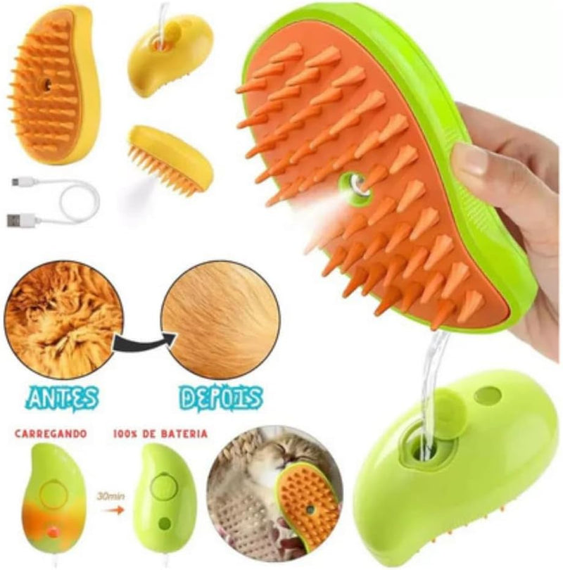 【Escova Valorizadora Elétrica - Escova Pet】 Escova Cachorros E Gatos, Escova Vapor 3 Em 1, -Pente Massageador Removedor de Pelos Recarregável USB, Escova Tira Pelos Cães E Gatos, Stam-Autolimpante Premium, "Shop Brasil"