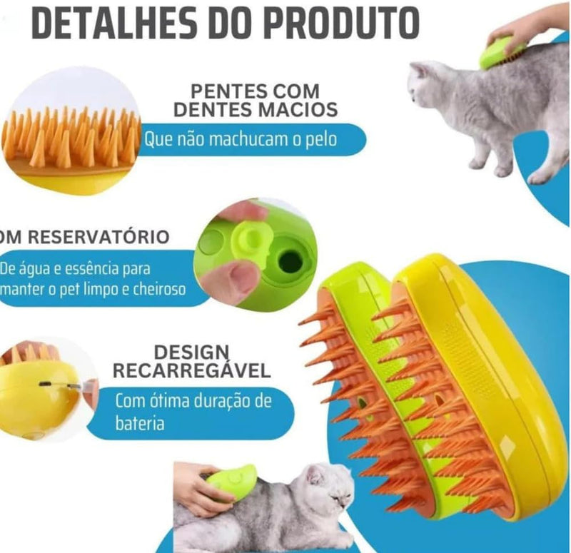 【Escova Valorizadora Elétrica - Escova Pet】 Escova Cachorros E Gatos, Escova Vapor 3 Em 1, -Pente Massageador Removedor de Pelos Recarregável USB, Escova Tira Pelos Cães E Gatos, Stam-Autolimpante Premium, "Shop Brasil"