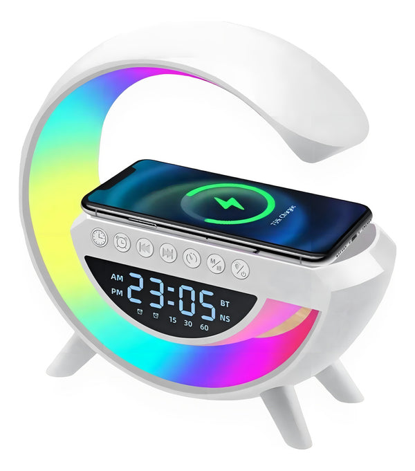 Carregador Luminária Caixa De Som 3 Em 1 Speaker Led Indução Cor Branco Comica