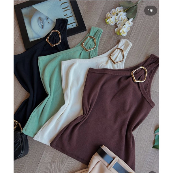 Blusa Feminina Nula Manga Argola Assimetrica Dourada Canelado Elegante Tendência Mula Manca