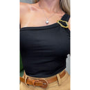 Blusa Feminina Nula Manga Argola Assimetrica Dourada Canelado Elegante Tendência Mula Manca