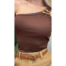 Blusa Feminina Nula Manga Argola Assimetrica Dourada Canelado Elegante Tendência Mula Manca