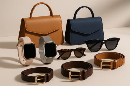 foto atrativa que contenhas esses itens; relogios inteligentes, bolsas e oculos e cintos