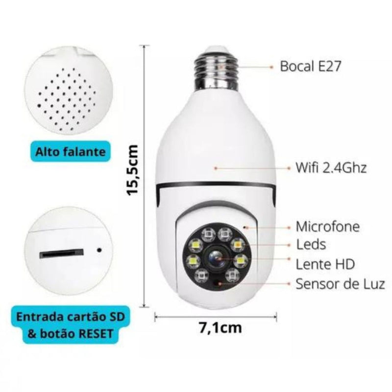 Câmera wifi ip sem fio giratória 360 com encaixe lampada bocal rosca yoosee ptz full HD visão noturna segurança - bivolt